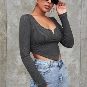 Notch Neck Asymmetrical Hem Long Sleeve Crop Top